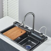 Suguword - Kitchen Sink Stainless Steel 201 Gun gray ,With Extractable Faucet,Pure Water Faucet,Single Large Slot,Integrated Digital Display Faucet
