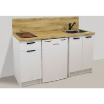 Kitchenette blanche 160cm + plaque de cuisson + refrigerateur + evier + mitigeur