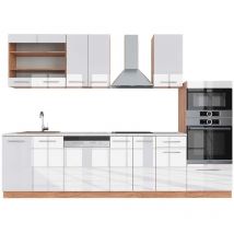 Vicco - Mueble de cocina Fame-Line, Blanco brillo intenso/roble dorado, 300 cm con armario alto, et Mármol