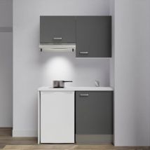 Kitchenette K01L-PT - 120 cm avec plan de travail et évier, emplacements frigo et hotte Façade Gris - Plan Blanc - Evier Blanc
