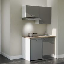 Kitchenette K01L-PT - 120 cm - plan stratifié, évier inox, - Façade Gris - Plan Bois - Evier Inox - Crédences Non + Electroménager inclus coloris Inox