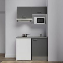 Kitchenette K02L-PT - 120 cm avec plan de travail et évier - emplacements frigo, hotte et micro-ondes Façade Gris - Plan Gris - Evier Gris