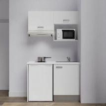 Kitchenette K02L-PT - 120 cm avec plan de travail et évier - emplacements frigo, hotte et micro-ondes Façade Blanc - Plan Blanc - Evier Gris