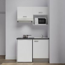 Kitchenette K02L-PT - 120 cm avec plan de travail et évier - emplacements frigo, hotte et micro-ondes Façade Blanc - Plan Noir - Evier Blanc