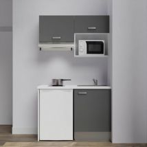 Kitchenette K02L-PT - 120 cm avec plan de travail et évier - emplacements frigo, hotte et micro-ondes Façade Gris - Plan Blanc - Evier Gris