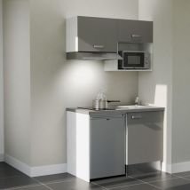 Kitchenette K02L-PT - 120 cm - plan stratifié, évier inox, - Façade Gris - Plan Gris béton - Evier Inox - Crédences Non + Electroménager inclus