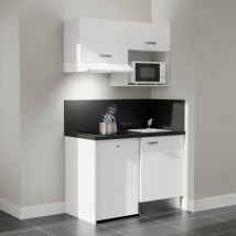 Kitchenette K02L-PT - 120 cm - plan stratifié, évier inox, - Façade Blanc - Plan Noir texturé - Evier Inox - Crédences Oui + Electroménager inclus