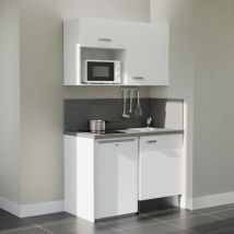 Cuisibane - Kitchenette K07L-PT - 120 cm avec plan de travail et évier, emplacements frigo et micro-ondes - Façade Blanc - Plan Gris béton - Evier