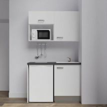 Kitchenette K07L-PT - 120 cm avec plan de travail et évier, emplacements frigo et micro-ondes Façade Blanc - Plan Noir - Evier Blanc