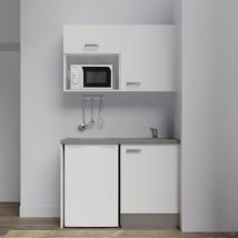 Kitchenette K07L-PT - 120 cm avec plan de travail et évier, emplacements frigo et micro-ondes Façade Blanc - Plan Gris - Evier Gris