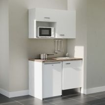 Kitchenette K07L-PT - 120 cm - plan stratifié, évier inox, - Façade Blanc - Plan Bois - Evier Inox - Crédences Non + Electroménager inclus coloris