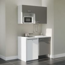 Kitchenette K07L-PT - 120 cm - plan stratifié, évier inox, - Façade Gris - Plan Blanc - Crédences Non + Electroménager inclus coloris Blanc