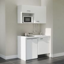 Kitchenette K07L-PT - 120 cm - plan stratifié, évier inox, - Façade Blanc - Plan Blanc - Crédences Non + Electroménager inclus coloris Blanc