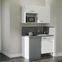 Kitchenette K07L-PT - 120 cm - plan stratifié, évier inox, - Façade Blanc - Plan Gris béton - Evier Inox - Crédences Oui + Electroménager inclus