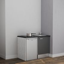 Cuisibane - Kitchenette K08L-PT - 120 cm avec plan de travail et évier - emplacement frigo - Façade Gris - Plan Noir - Evier Inox - Crédences Non