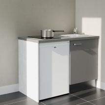Kitchenette K08L-PT - 120 cm - plan stratifié, évier inox, - Façade Gris - Plan Gris béton - Evier Inox - Crédences Non + Electroménager inclus