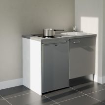 Kitchenette K08L-PT - 120 cm - plan stratifié, évier inox, - Façade Gris - Plan Gris béton - Evier Inox - Crédences Non + Electroménager inclus