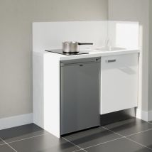 Kitchenette K08L-PT - 120 cm - plan stratifié, évier inox, - Façade Blanc - Plan Blanc - Crédences Oui + Electroménager inclus coloris Inox