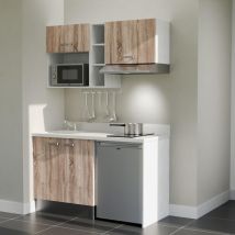 Kitchenette K13L - 140 cm - plan monobloc évier intégré Snova- évier à gauche - Façades Bois + Electroménager inclus coloris Inox