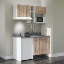 Kitchenette K13L - 140 cm - plan monobloc évier intégré Cromo- évier à droite - Façades Bois + Electroménager inclus coloris Blanc