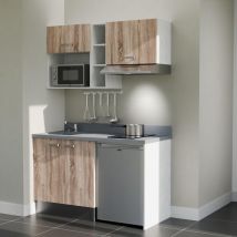 Kitchenette K13L - 140 cm - plan monobloc évier intégré Cromo- évier à gauche - Façades Bois + Electroménager inclus coloris Inox