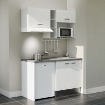 Kitchenette K13L-PT - 140 cm avec plan de travail et évier - Façade Blanc - Plan Gris - Evier Inox - Crédences Non