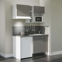 Kitchenette K13L-PT - 140 cm avec plan de travail et évier - Façade Gris - Plan Gris - Evier Inox - Crédences Oui