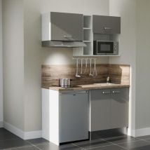 Kitchenette K13L-PT - 140 cm - plan stratifié, évier inox, - Façade Gris - Plan Bois - Evier Inox - Crédences Oui + Electroménager inclus coloris Inox