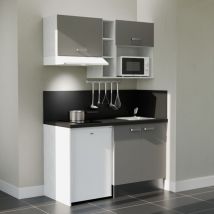 Kitchenette K13L-PT - 140 cm - plan stratifié, évier inox, - Façade Gris - Plan Noir texturé - Evier Inox - Crédences Oui + Electroménager inclus