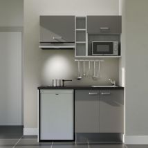 Kitchenette K13L-PT - 140 cm - plan stratifié, évier inox, - Façade Gris - Plan Noir texturé - Evier Inox - Crédences Non + Electroménager inclus