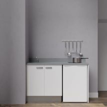 Kitchenette K17L - 140 cm avec plan monobloc et emplacement frigo top-Blanc-Cromo-évier à gauche