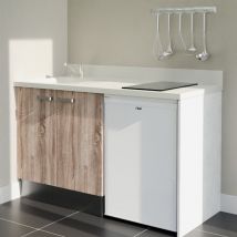 Kitchenette K17L - 140 cm - plan monobloc évier intégré Snova- évier à gauche - Façades Bois + Electroménager inclus coloris Blanc