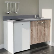 Kitchenette K17L - 140 cm - plan monobloc évier intégré Cromo- évier à droite - Façades Bois + Electroménager inclus coloris Blanc