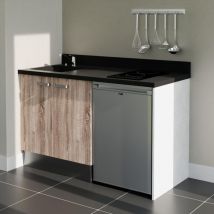 Kitchenette K17L - 140 cm - plan monobloc évier intégré Nero- évier à gauche - Façades Bois + Electroménager inclus coloris Inox