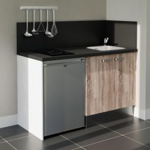 Kitchenette K17L-PT - 140 cm - plan stratifié, évier inox, - Façade Bois - Plan Noir texturé - Evier Inox - Crédences Oui + Electroménager inclus