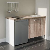 Kitchenette K17L-PT - 140 cm - plan stratifié, évier inox, - Façade Bois - Plan Bois - Evier Inox - Crédences Non + Electroménager inclus coloris Inox