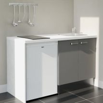 Kitchenette K17L-PT - 140 cm - plan stratifié, évier inox, - Façade Gris - Plan Blanc - Crédences Non + Electroménager inclus coloris Blanc