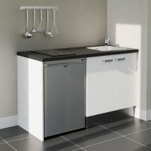Kitchenette K17L-PT - 140 cm - plan stratifié, évier inox, - Façade Blanc - Plan Noir texturé - Evier Inox - Crédences Non + Electroménager inclus