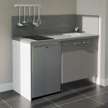Kitchenette K17L-PT - 140 cm - plan stratifié, évier inox, - Façade Gris - Plan Gris béton - Evier Inox - Crédences Oui + Electroménager inclus