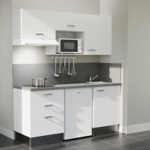 Kitchenette K20L-PT - 180 cm avec plan de travail et évier - Façade Blanc - Plan Gris - Evier Inox - Crédences Oui