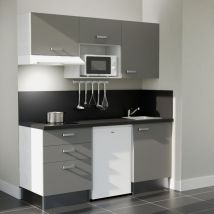 Kitchenette K20L-PT - 180 cm avec plan de travail et évier - Façade Gris - Plan Noir - Evier Inox - Crédences Oui