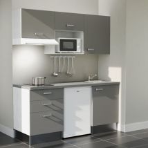 Kitchenette K20L-PT - 180 cm - plan stratifié, évier inox, - Façade Gris - Plan Gris béton - Evier Inox - Crédences Non + Electroménager inclus