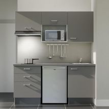 Kitchenette K20L-PT - 180 cm - plan stratifié, évier inox, - Façade Gris - Plan Gris béton - Evier Inox - Crédences Non + Electroménager inclus