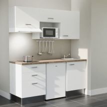 Kitchenette K20L-PT - 180 cm - plan stratifié, évier inox, - Façade Blanc - Plan Bois - Evier Inox - Crédences Non + Electroménager inclus coloris