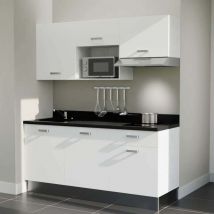 Kitchenette K30L - 180 cm - plan monobloc évier intégré Nero- évier à gauche - Façades Blanc + Electroménager inclus coloris Inox