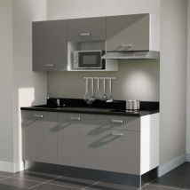 Kitchenette K30L - 180 cm - plan monobloc évier intégré Nero- évier à gauche - Façades Gris + Electroménager inclus coloris Inox