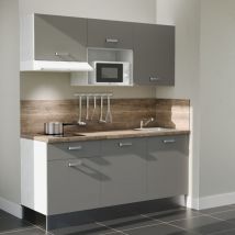 Kitchenette K30L-PT - 180 cm avec plan de travail et évier - Façade Gris - Plan Bois - Evier Inox - Crédences Oui