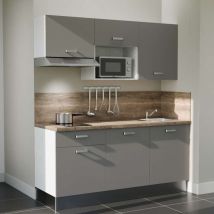 Kitchenette K30L-PT - 180 cm - plan stratifié, évier inox, - Façade Gris - Plan Bois - Evier Inox - Crédences Oui + Electroménager inclus coloris Inox