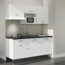 Kitchenette K30L-PT - 180 cm - plan stratifié, évier inox, - Façade Blanc - Plan Noir texturé - Evier Inox - Crédences Non + Electroménager inclus