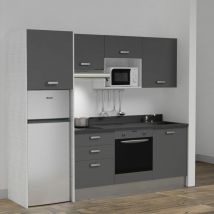 Kitchenette K37L - 240 cm - emplacements four, micro-ondes, hotte et frigo-Gris-Nero-évier à droite